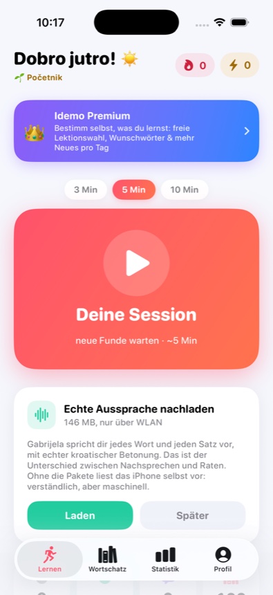 Idemo: der Lernen-Tab mit Tages-Session